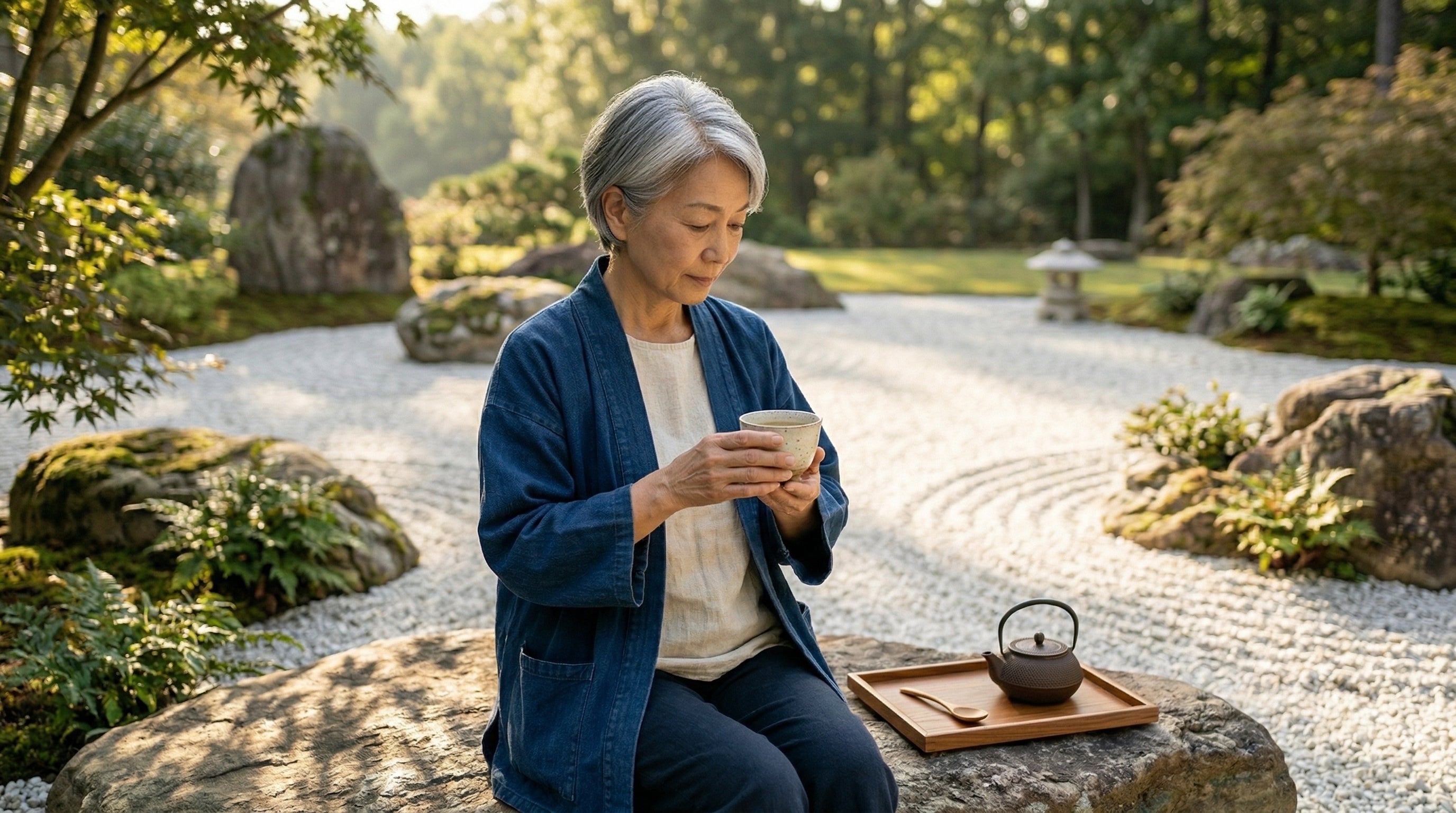 Woman sitting outdoors alone, thoughtful expression, soft sunlight, peaceful setting