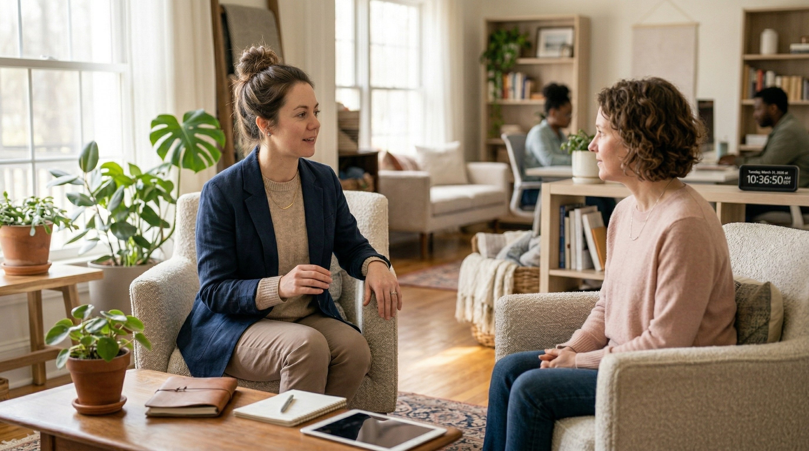 Woman speaking calmly to another person, grounded posture, warm tone