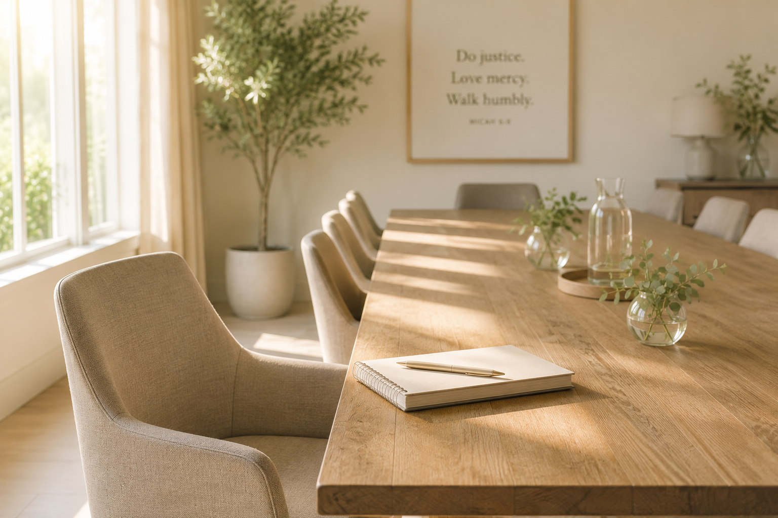 Empty seat at a conference table, leading without proving.