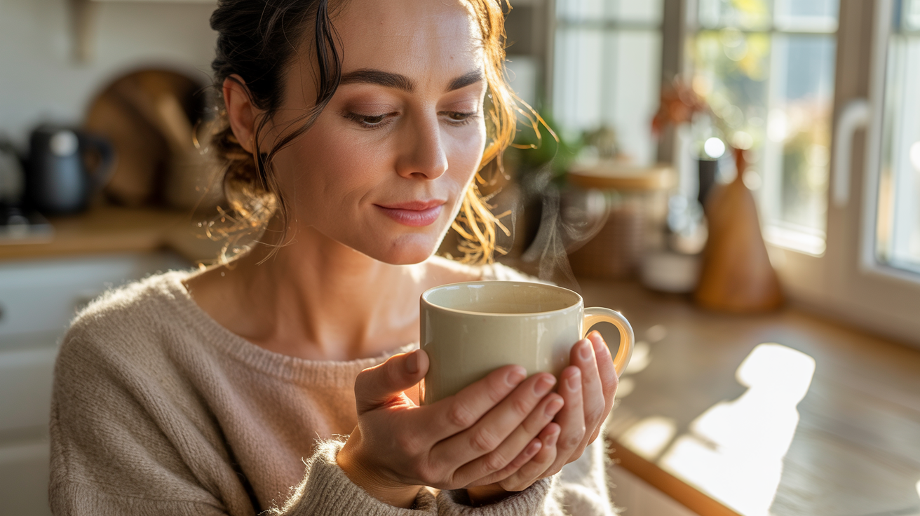 Woman in warm morning light holding coffee and practicing gratitude in a calm kitchen setting