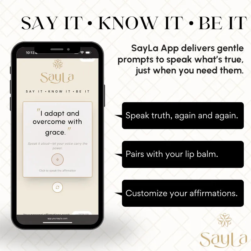 Phone displaying the SayLa app with text about delivering gentle prompts to speak truth.