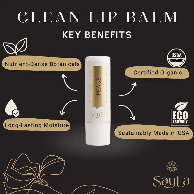 Lip balm with key benefits on a black background