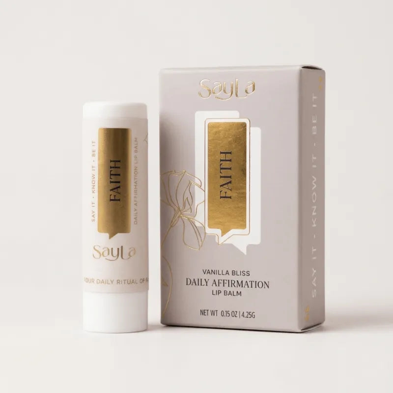 Sayla Daily Affirmation lip balm with packaging on a white background