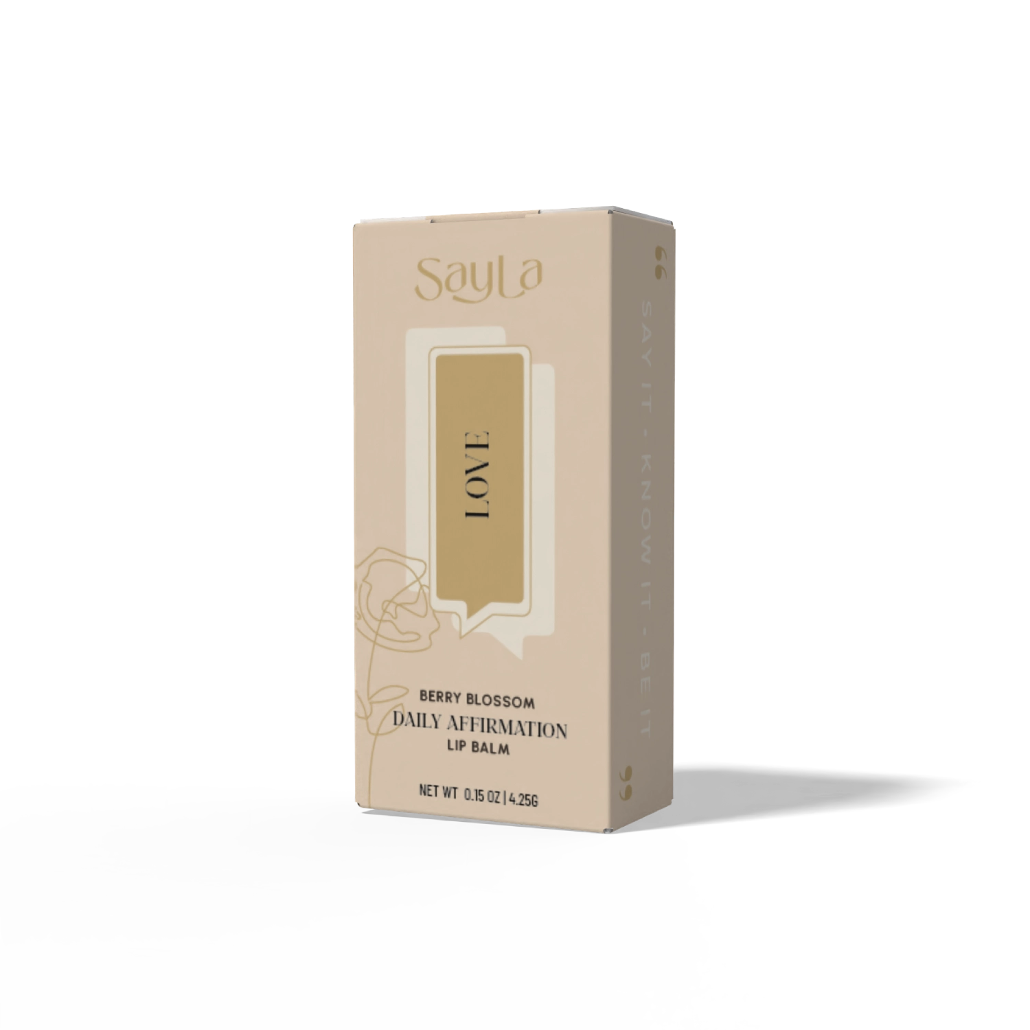 SayLa berry blossom daily affirmation lip balm packaging on a white background