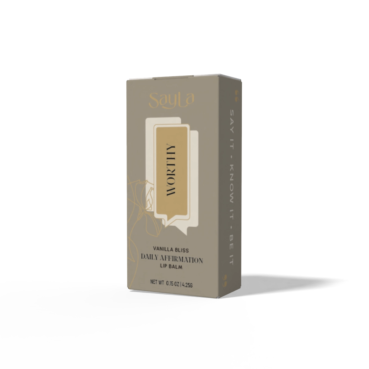 SayLA lip balm packaging with 'Sayla' branding on a white background
