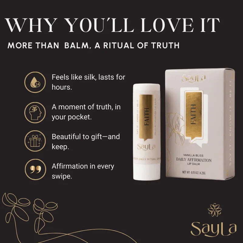 Lip balm packaging with text highlighting features on a black background