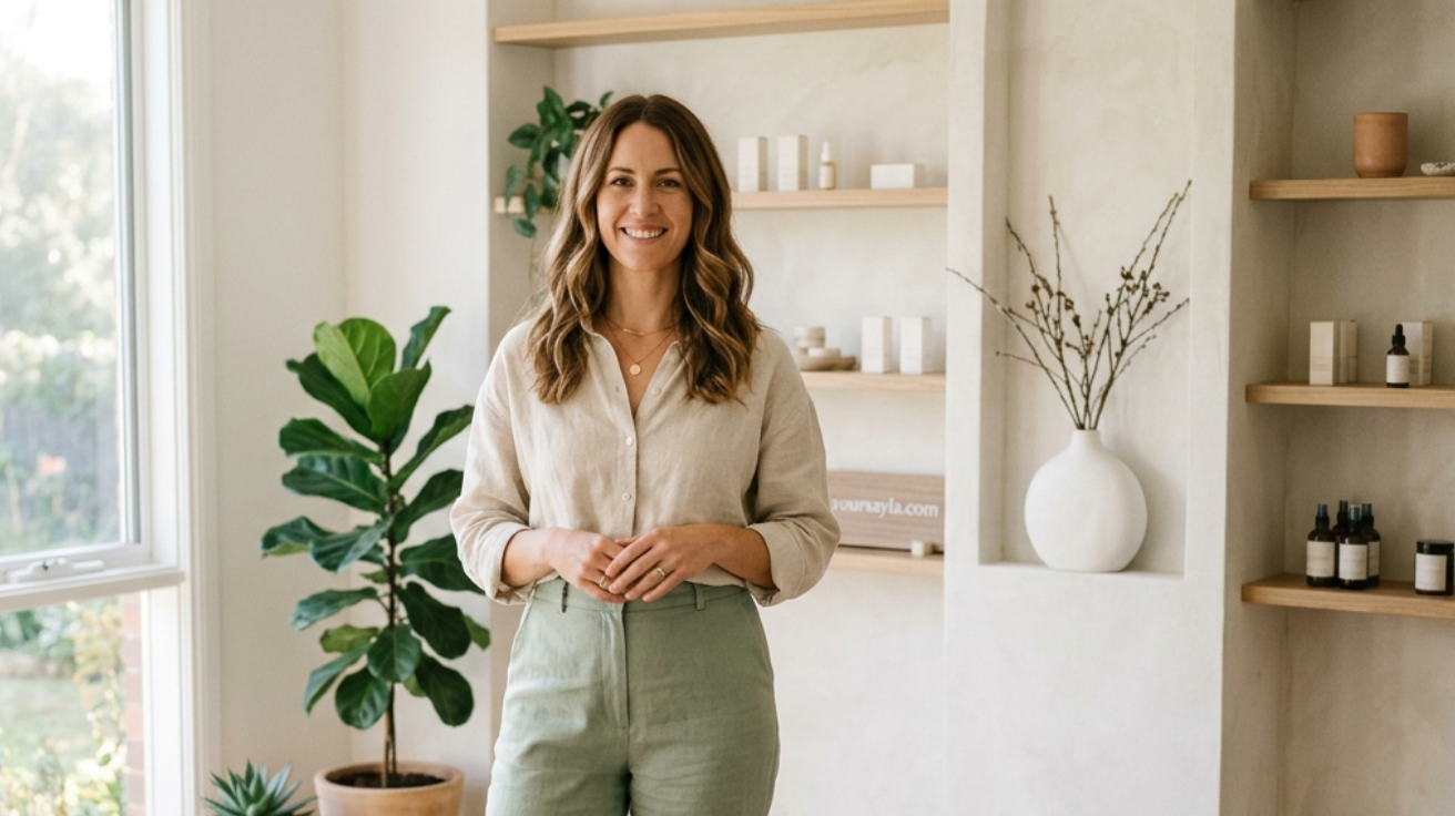 Woman founder practicing affirmations for confidence with organic lip balm.