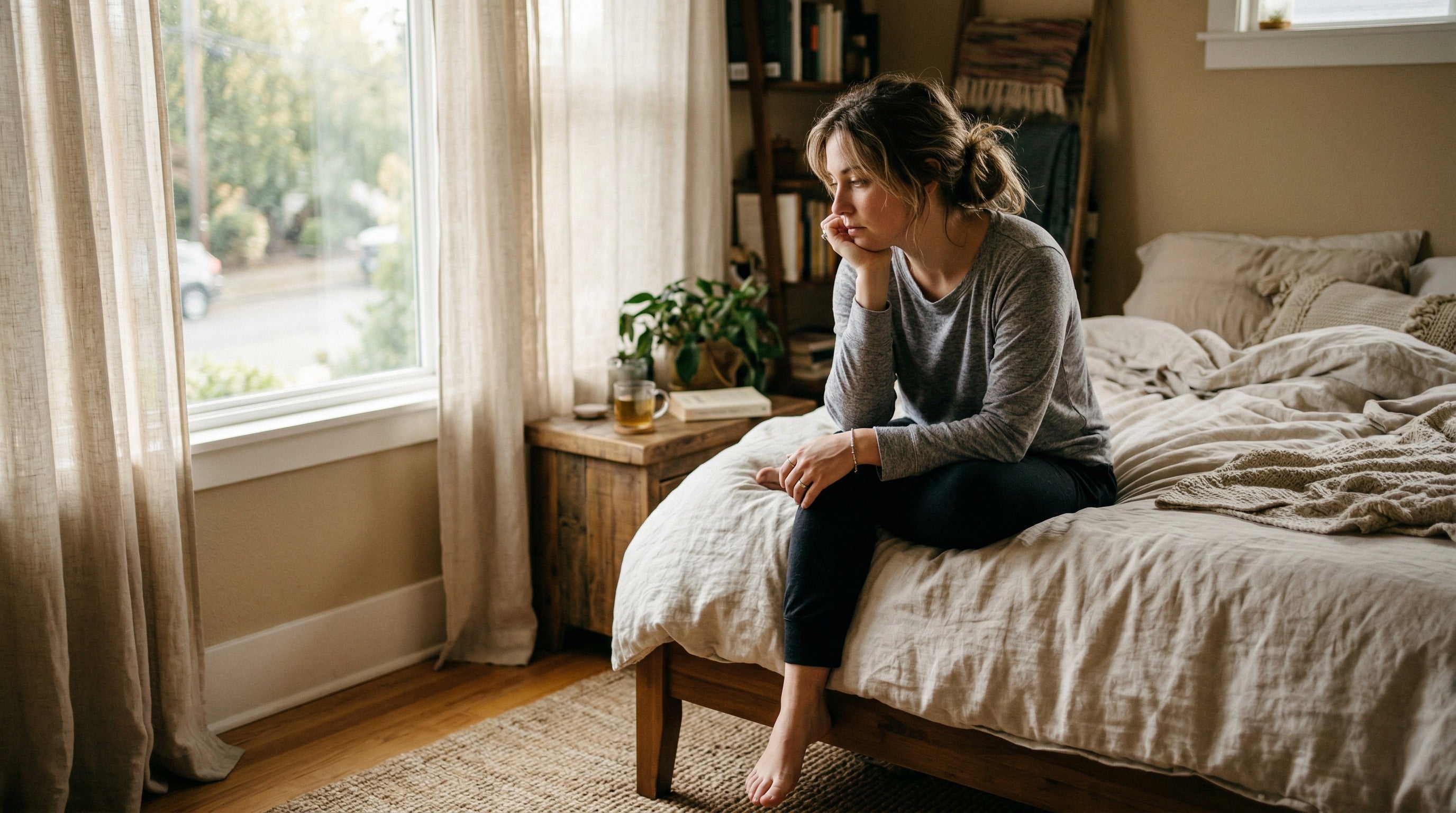 Woman sitting on bed feeling mentally overwhelmed in the morning