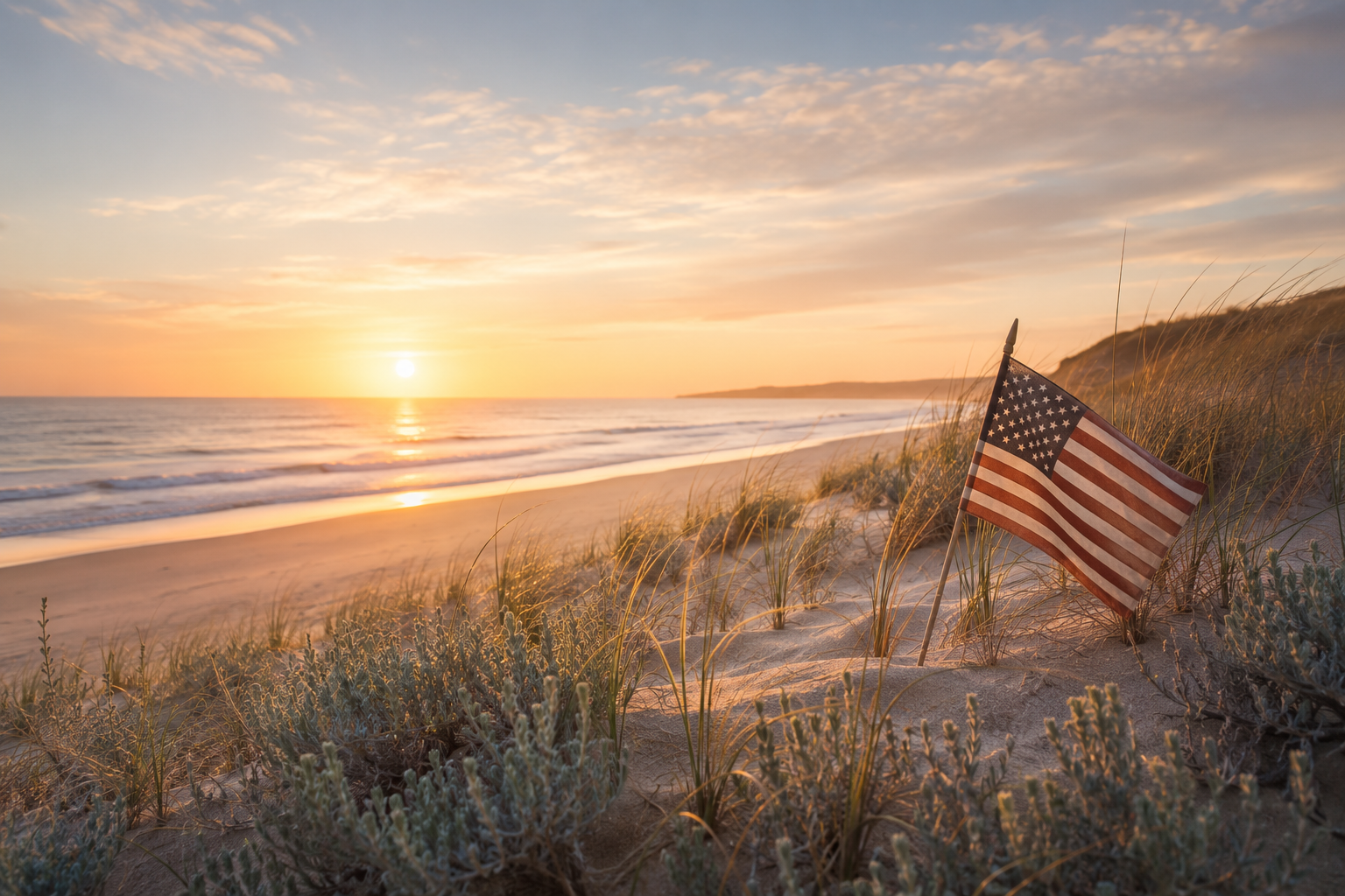 Quiet beach at sunrise honoring 250 years of American freedom.