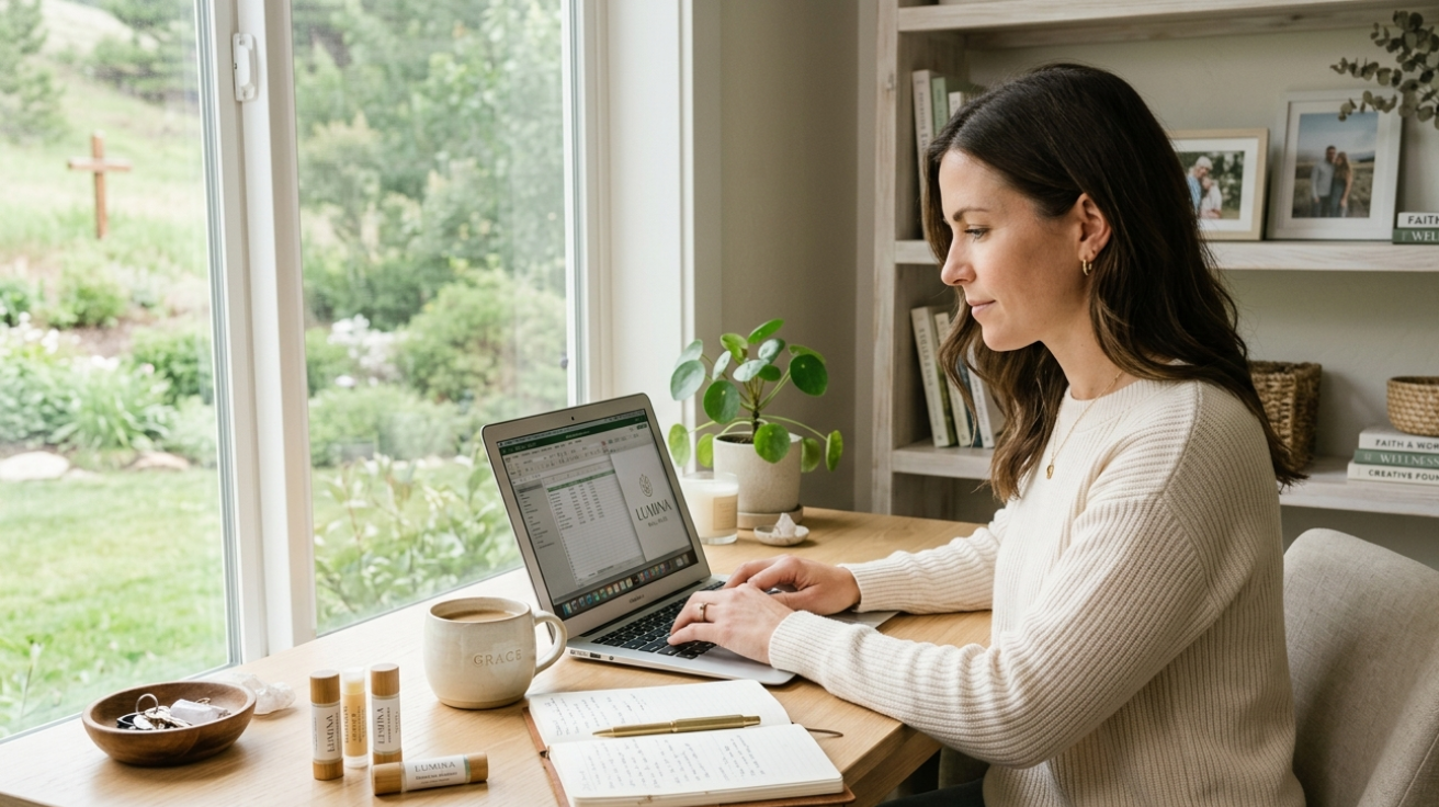 Woman leader pausing with organic lip balm during a busy growth season.