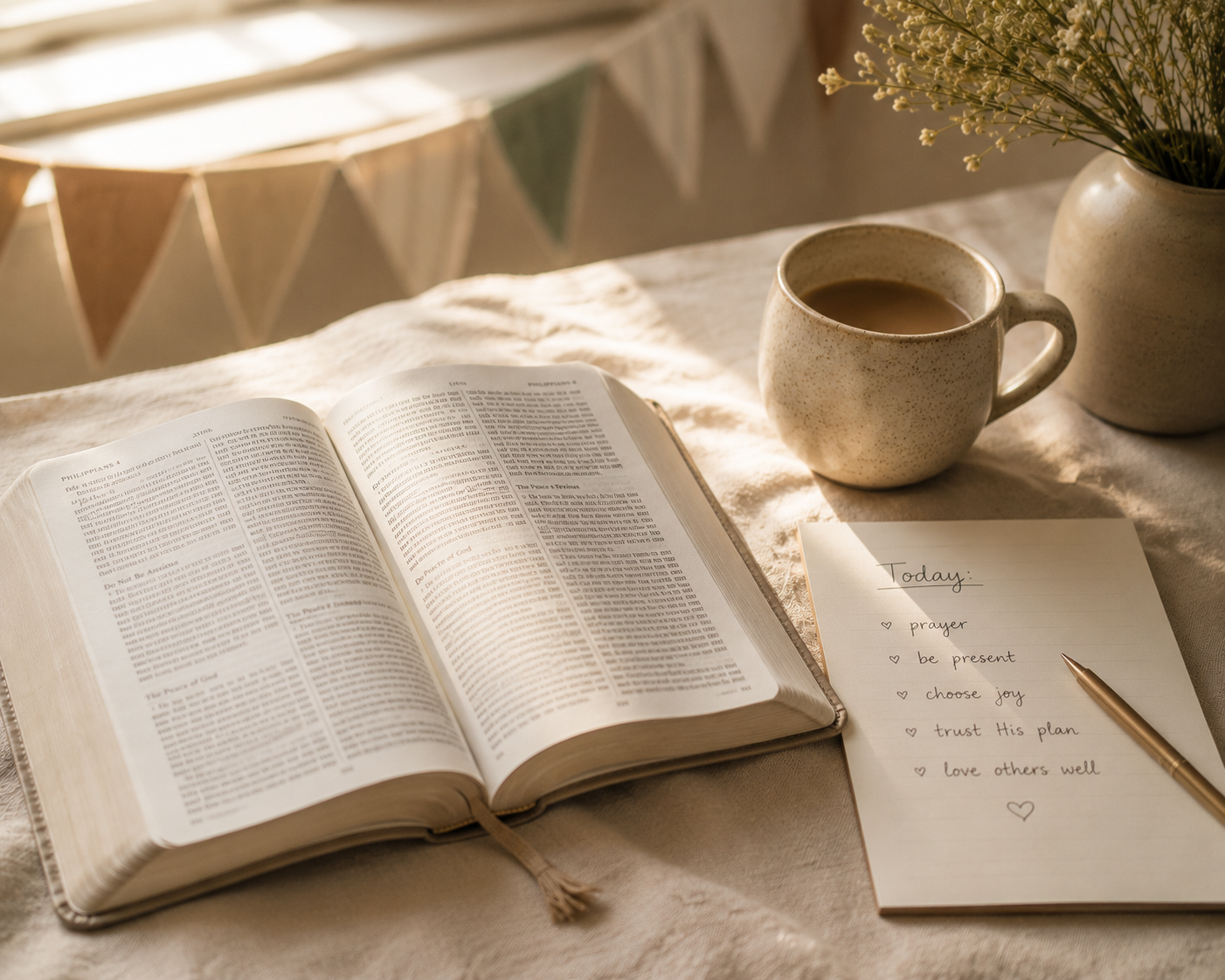 Open Bible and handwritten list of biblical affirmations for freedom.