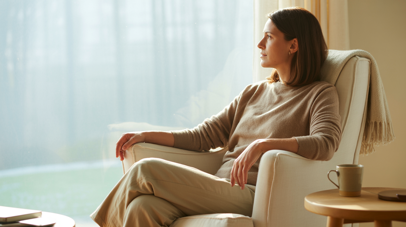 Calm reflective moment representing awareness and reframing negative self-talk.