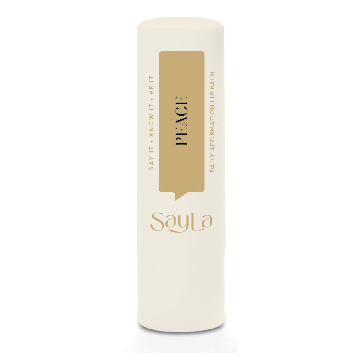 SayLA Peace White Lip Balm cylindrical product with gold text on a white background