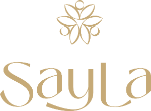 Gold 'Sayla' logo with a decorative element on a transparent background