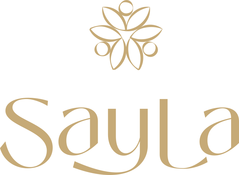 Gold 'Sayla' logo with a decorative element on a transparent background